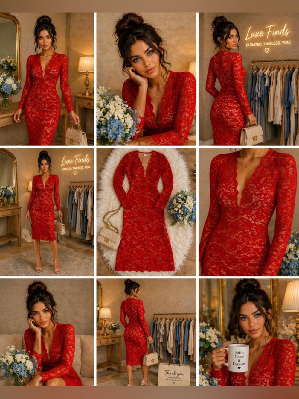 Va Va Voom Red Lace V-Neck Long-Sleeve Midi Dress